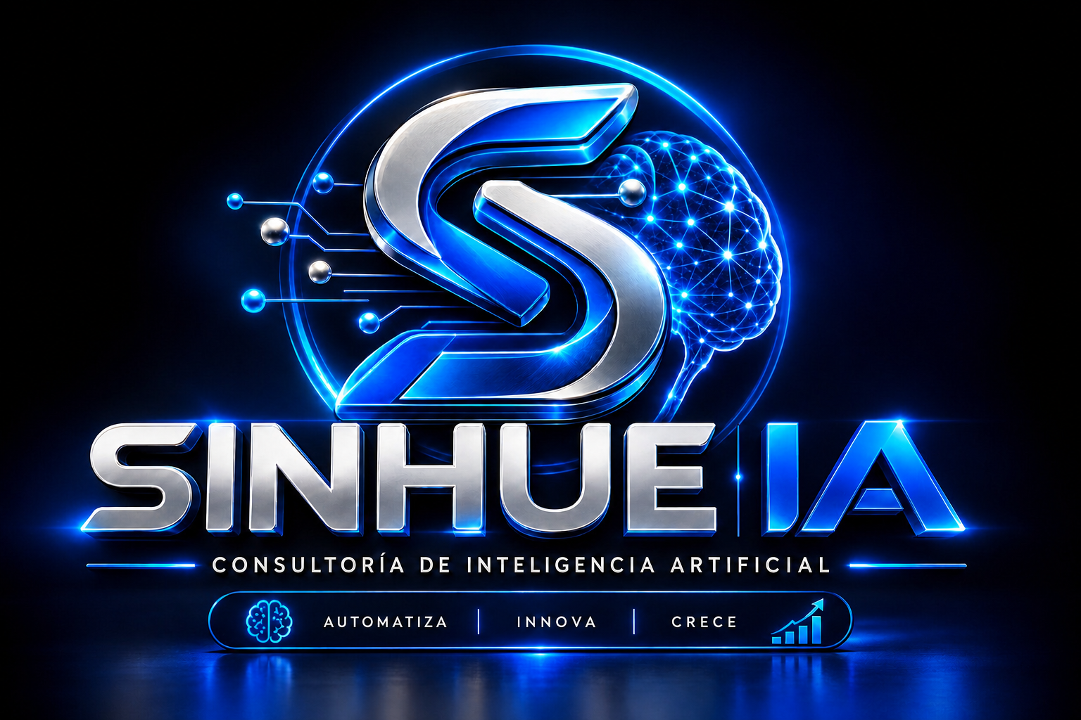 Logotipo completo de SINHUE IA en azul, cian, plata y cromo
